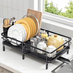 Expandable Dish Drying Rack with Bamboo Cover
