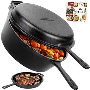 Overmont 3.2QT Cast Iron Dutch Oven with Skillet Lid