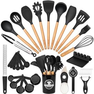 39-Piece Silicone Kitchen Utensils Set with Wood Handles