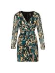 Teal Sapphire Gold Crinkle Foil Wrap Dress