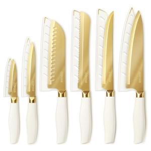 CAROTE 12PCS Kitchen Knife Set, Healthy Gold Titanium Coating Knife Set, Dishwasher Safe with 6 Blade Guards, Rustproof Stainless Steel Cutlery Set, White and Gold