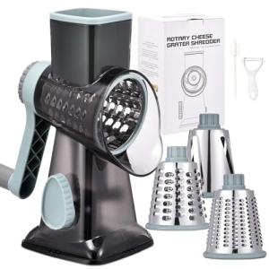 Rotary Cheese Grater with 3 Blades - Grey Blue