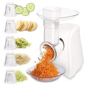 COOK WITH COLOR 5-in-1 Electric Slicer, 150W Food Prep Machine – Cheese Shredder, Fine & Coarse Graters, Potato Grater, Vegetable Slicer, Fruit, Salad Shooter, Compact Design for Bowl Prep, Cream
