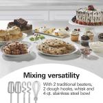 Hamilton Beach Classic Stand and Hand Mixer, 4 Quarts, 6 Speeds with QuickBurst, Bowl Rest, 290 Watts Peak Power, White (64655)
