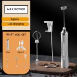 Rechargeable Milk Frother Handheld For Coffee,3 Speeds Frother Wand With Stand, Batidora De Mano Electrica,With 2 Heads,Drink Mixer Electric Handheld,Kitchen Essentials (Silvery)