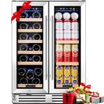 BODEGA 24 Inch Wine and Beverage Refrigerator, Dual Zone Wine and Bar Beverage Cooler, Commercial Black Bar Cooler With 2 Glass Doors, Bar Fridge Hold 19 Bottles and 57 Cans,Built-In or Freestanding.