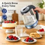 Electric Kettle Glass 2L, 1500W Fast Boiling Hot Water Boiler with Auto Shut-Off, LED Light, BPA-Free, Borosilicate Glass, Stainless Steel Interior, Wide Opening, Cordless Tea Kettle