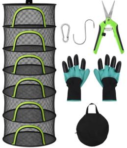 BRIVADO Herb Drying Rack Hanging Mesh 6 Layer 24" with Zipper, Gloves, Garden Pruning Shear, Hook & Carabiner Clip for Drying Herbs, Plants, Seeds, Buds | Outdoor, Hydroponics Herb Dryer Hanging Rack