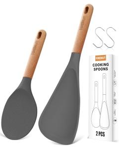 FINENUT Multifunction Silicone Spatula Spoon 2-Pack Dual-Use-Heat-Resistant 446°F BPA-Free Non-Toxic Cooking for Non-Stick Cookware,Rice Cookers,Wooden Handle Scoop/Serve Meal/Rice Spoon Set (Gray)