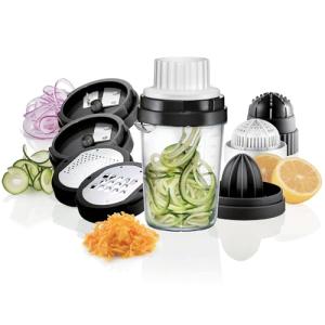 Nourished Essentials 8-in-1 Spiralizer Juicer Grater Set of 9 - Compact Plastic Vegetable Noodle Maker with Stainless Steel Blades - Dishwasher Safe - Spiralizer for Veggie Noodles