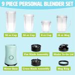 Tasty Personal Blender With Cup, 350W Powerful Blending Motor, 9-Piece Set With 4 Cups & Travel Lid, Compact & Portable, Aqua