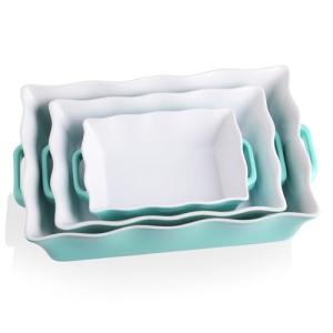 Sweejar Casserole Dishes for Oven, Ceramic Bakeware Set of 3, Rectangular Baking dish with Handles, Wave Edge Lasagna Pan Deep for Cooking, Cake, Dinner, Banquet and Daily Use (Turquoise)
