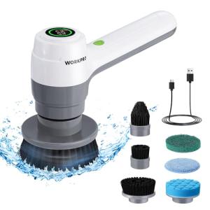 WORKPRO 8V Electric Spin Scrubber, 3-Speed Adjustable Shower Scrubber with 6 Replaceable Brush Heads, IPX6 Waterproof Electric Scrubber for Cleaning Bathroom, Kitchen Sinks, and Windows