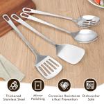 4 Pcs Cooking Utensils Set, Stainless Steel Kitchen Utensils, Heat Resistant Metal Kitchen Tools Include Solid & Slotted Turner Wok Spatula, Serving Spoon, Ergonomic Handle, Easy to Clean, Silver