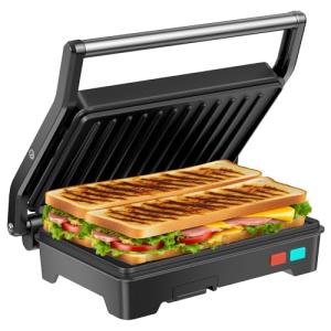 Panini Press Grill, 1000W Sandwich Maker with Non-Stick Coated Plates, Opens 180 Degrees for Any Size of Food, 3-in-1 Sandwich Press Electric Grill, Stainless Steel Surface and Removable Drip Tray