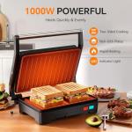 Panini Press Grill, 1000W Sandwich Maker with Non-Stick Coated Plates, Opens 180 Degrees for Any Size of Food, 3-in-1 Sandwich Press Electric Grill, Stainless Steel Surface and Removable Drip Tray