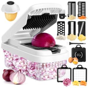 Vegetable Chopper,12-in-1 Multifunctional Food Chopper,Professional Onion Chopper with 7 Blades,Vegetable Cutter with Container for Salad,Potato,Carrot,and Garlic; Essential Kitchen Tool (White)