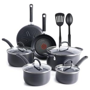 T-fal Ultimate Hard Anodized Nonstick Cookware Set 12 Piece, Oven Broiler Safe 400F, Lid Safe 350F, Kitchen Cooking Set w/Fry Pans, Saucepans, Dutch Oven, Pots and Pans, Dishwasher Safe, Black