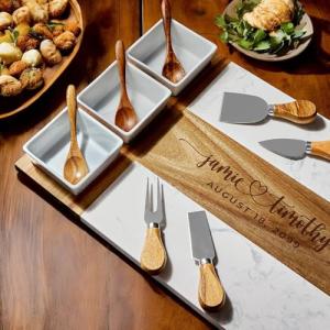 Personalized Marble Wood Charcuterie Board,Custom Laser Engraved Cheese Serving Board With Knife Set, Ceramic Bowls,Wooden Spoons,Cheese Platter,Serving Tray,Cutting board,Charcuterie Boards Gift Set