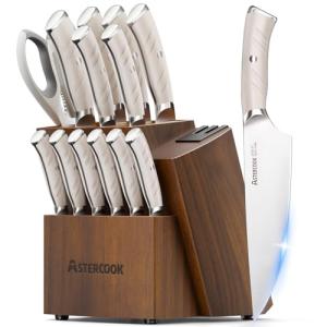 Astercook Knife Set Kitchen with Block and Dual Sharpener Full Tang 15 Pcs German Stainless Steel Knives Dishwasher Safe Kitchen Utensils Set with Anti-slip Ergonomic Handle, Elegant White