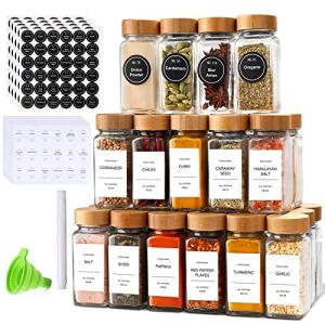 DIMBRAH Spice Jars with Label 24Pcs,Seasoning Containers,Glass Spice Jars with Bamboo Lids,Kitchen Essentials,Spices Container Set,Kitchen Set,Seasoning Organizer,Spice Rack Organizer for Cabinet