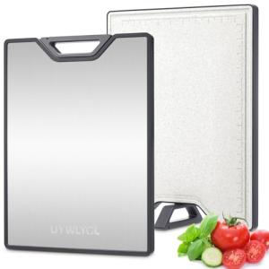 UYWLYCL Stainless Steel Cutting Board, Double-Sided with Knife Sharpener, Stainless Steel & Wheat Straw PP, Measuring Scale, Easy to Clean Kitchen Cutting Board Large 16"x11" (Off white & Silver)