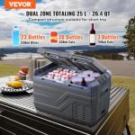 VEVOR NLS35, 12 Volt Car Refrigerator Fridge, 25Liter(26.4qt) Dual Zone Portable Freezer, -4℉-68℉ Adjustable Range, 12/24V DC and 100-240V AC Compressor Cooler for Outdoor, Camping, RV, Grey