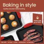 Baking Pan Set – 3 Piece Cookie Sheet – Deluxe Black Non-Stick Carbon Steel – Silicone Handles – Commercial Grade Restaurant Quality – PFOA PFOS and PTFE Free by Bakken