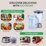 GOTMORE Juicer Machine, Blender & Grinder Combo 3 in 1 for Smoothies, Juice, Processing, Grinding & More 1300W Centrifugal Juice Extractor for Fruit Vegetable with 5 Speeds LCD Screen, Easy to Clean