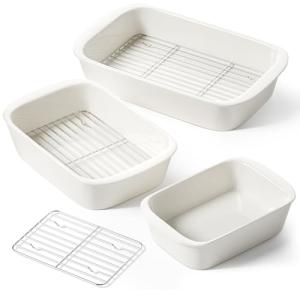 LE TAUCI Deep Casserole Dishes for Oven, 13.7”x9.6” Ceramic Baking Dish Set with Roasting Racks, Large Lasagna Pans with Handles, Rectangular Bakeware as Gift for Mom, White (4.6QT/3.0QT/1.6QT), Set of 3