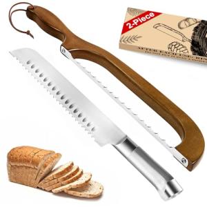 2 Pack Sourdough Bread Knife for Homemade Bread, Serrated Bread Cutter Ergo-Safe Engineering Anti-Stick Bread Bow Knife for Sourdough, Baguettes, Cakes