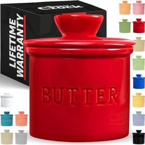 PriorityChef Butter Crock with Lid with Water Line, Ceramic French Butter Dish to Leave On Counter, Red
