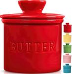 PriorityChef Butter Crock with Lid with Water Line, Ceramic French Butter Dish to Leave On Counter, Red