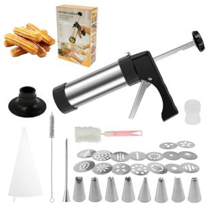 Churro Maker Machine, 3-in-1 Stainless Steel Churro Gun Kit - 16 Discs&8 Tips&2 Brush&Nozzle Converter&Piping Bag - Churro Making Kit for Homemade Churros Cookies