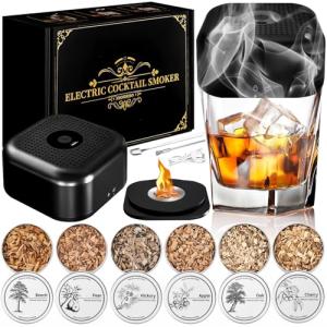 Electric Whiskey Smoker Kit, Rechargeable Cocktail Smoker Kit with 6 Wood Chips,Built in lighter, no need for butane.Birthday, Christmas, and anniversary whiskey gifts for men, fathers, and husbands