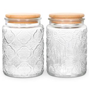 BEWAVE Vintage Glass Jar, 2 Pack, 24oz Food Storage Containers Clear Mason Jars With Airtight Lid for Kitchen Counter, Coffee, Tea, Sugar, Candy