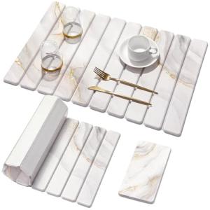 2 PCS Large Stone Dish Drying Mat for Kitchen Counter,Quick Dry Stone Dishes Mats,Marbled Water Absorbing Diatomaceous Earth Drying Pad for Countertop Bottles Utensils Cups(Gold White 24"x16"&8"x4")