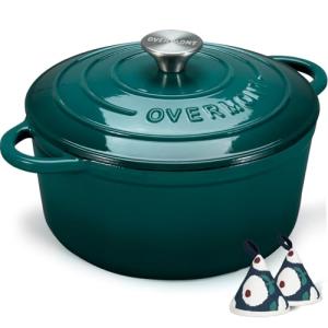 Overmont Enameled Cast Iron Dutch Oven - 7QT Pot with Lid Cookbook & Cotton Potholders - Heavy-Duty Cookware for Braising, Stews, Roasting, Bread Baking bottle green