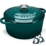 Overmont Enameled Cast Iron Dutch Oven - 7QT Pot with Lid Cookbook & Cotton Potholders - Heavy-Duty Cookware for Braising, Stews, Roasting, Bread Baking bottle green