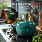 Overmont Enameled Cast Iron Dutch Oven - 7QT Pot with Lid Cookbook & Cotton Potholders - Heavy-Duty Cookware for Braising, Stews, Roasting, Bread Baking bottle green