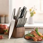 FIKSHOT Kitchen Knife Block Set with Santoku Knife