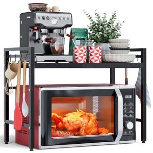 Expandable Microwave Stand with Organizer Shelves and Hooks