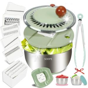 SODPE Stainless Steel Salad Spinner Large with 5 Blades Slicer, Lettuce Washer Spinner and Dryer, Vegetable Fruits Chopper Bowl, Egg Yolk Strainer Comes with Dipping Saucers and Clip, 5.3Qt