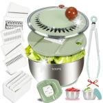 SODPE Stainless Steel Salad Spinner Large with 5 Blades Slicer, Lettuce Washer Spinner and Dryer, Vegetable Fruits Chopper Bowl, Egg Yolk Strainer Comes with Dipping Saucers and Clip, 5.3Qt
