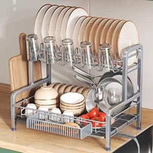 2-Tier Stainless Steel Dish Drying Rack with Drainboard