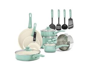 GreenLife 16 Piece Nonstick Cookware Set, Turquoise