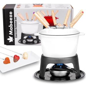 Mabeeze White Cast Iron Fondue Set with Forks