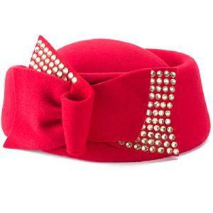 Rhinestone Teardrop Wool Cocktail Pillbox Hat (Red)