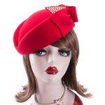 Rhinestone Teardrop Wool Cocktail Pillbox Hat (Red)