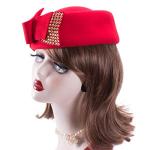 Rhinestone Teardrop Wool Cocktail Pillbox Hat (Red)